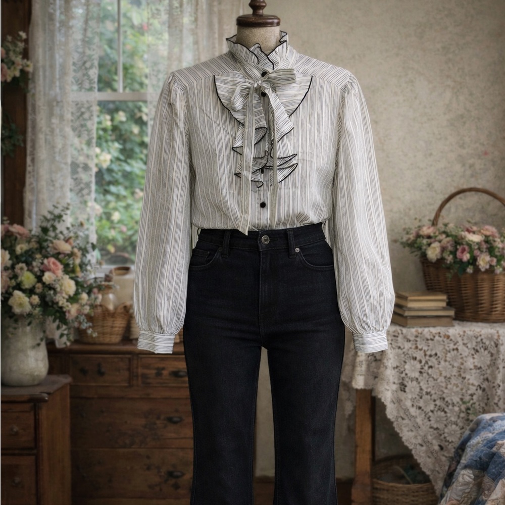 Vintage late 1970 California Connection Striped, Black & white,ruffle,bow blouse